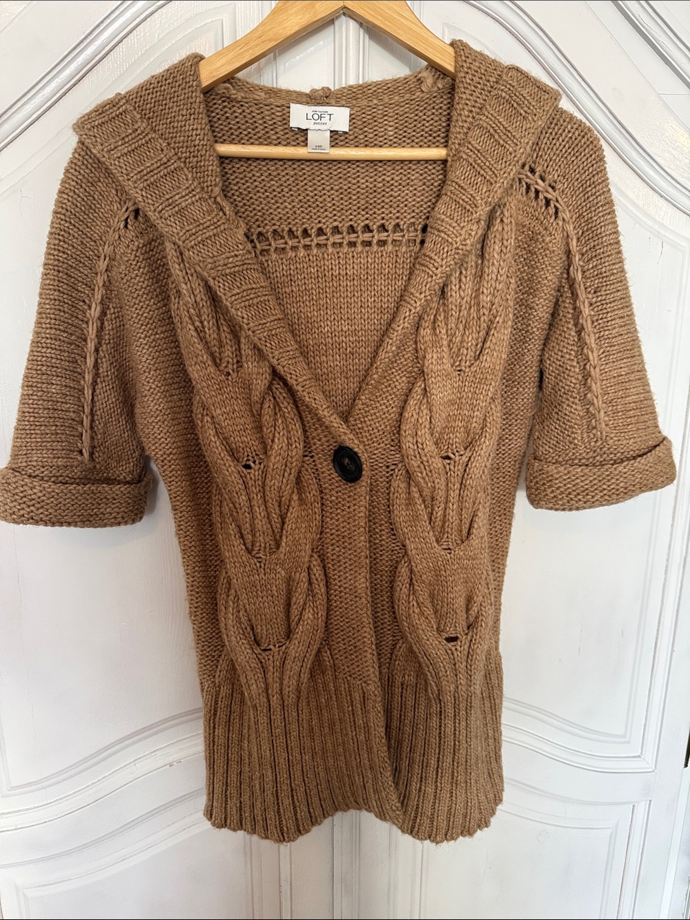 LOFT Cable Knit Short Sleeve Cardigan Sweater Wool Alpaca Hood Lagenlook Size MP